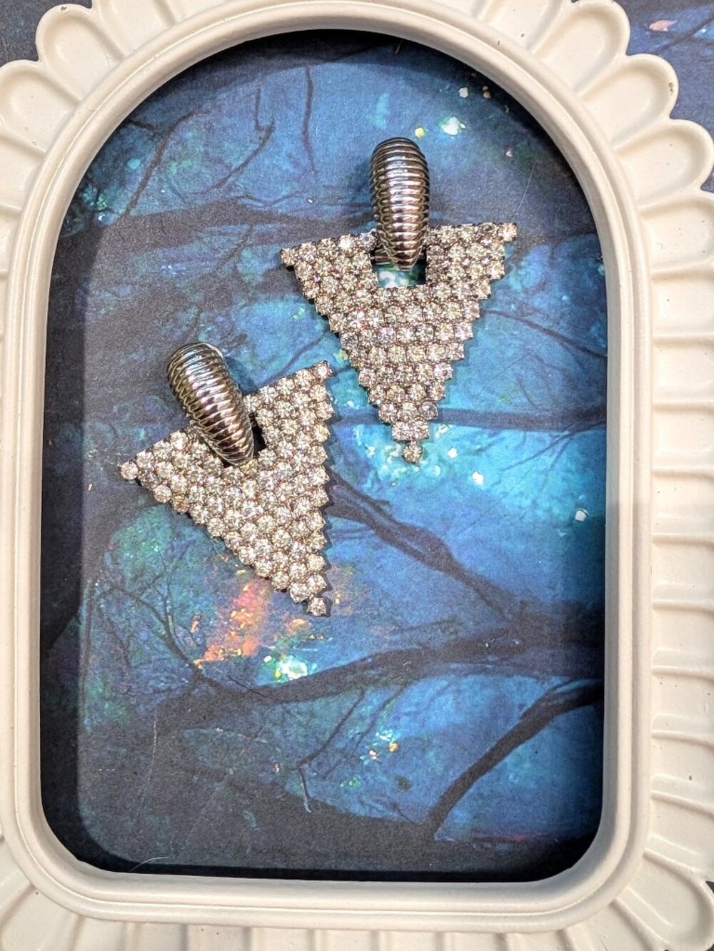 Vintage Silver Tone Rhinestone Triangle Earrings, Post Back